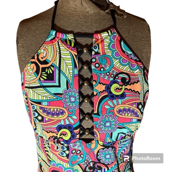 Gibson Latimer Swim Paisley Halter Swimsuit Set, Size XL, Gold detailing‎ - Picture 3 of 10